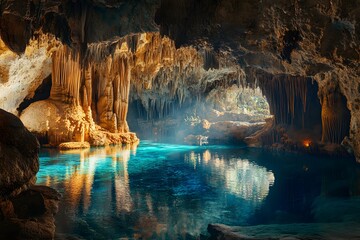 Stunning underground cave with crystal clear turquoise water. Natural wonder exploration. Serene subterranean landscape. Adventure tourism destination. Geological formation beauty
