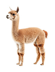 Fototapeta premium Adorable young llama stands proudly against a plain white background demonstrating its charming features and fluffy coat, cut out
