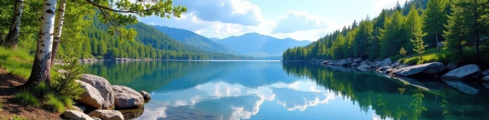 Clear lake reflecting sky, rocky shoreline, birch trees, NorthernEurope, view, cottage