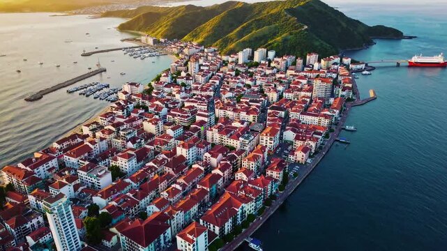 Warm golden rays illuminating red roofed buildings beside dalian coastline, urban landscape merging with scenic bridge connecting mainland to distant island