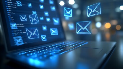 Laptop with Code and Floating Email Icons, A laptop displaying code with floating email icons, symbolizing digital communication and technology