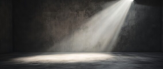 A beam of white light shines from the upper right corner, casting a bright spotlight in an otherwise empty, dark room. The minimalist design emphasizes simplicity and isolation.