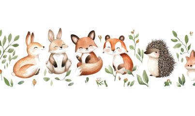 Charming Woodland Nursery Animals in Watercolor - Bunny, Fox, Bear, Bird, Hedgehog Vector Art