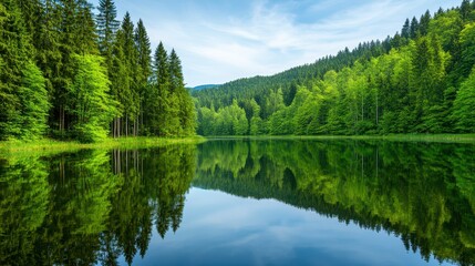 Fototapeta premium Serene Green Forest Lake Reflection Landscape