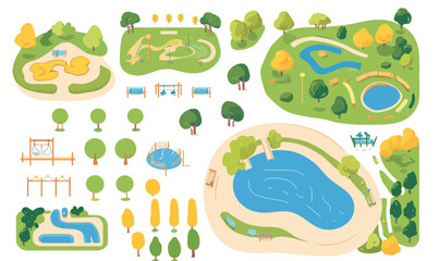 Naklejka premium Isometric Park Elements Vector Set for Minimalist Landscape Design Projects