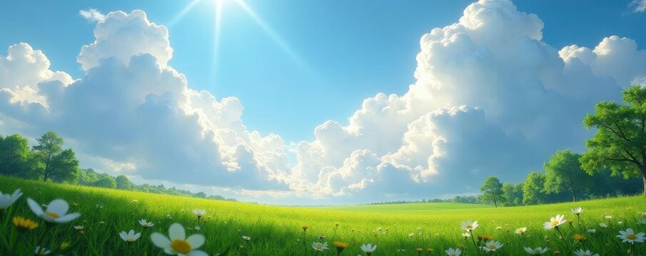 Lush, billowing summer clouds, sunlight filtering through, serene atmosphere , lush, photo, scene