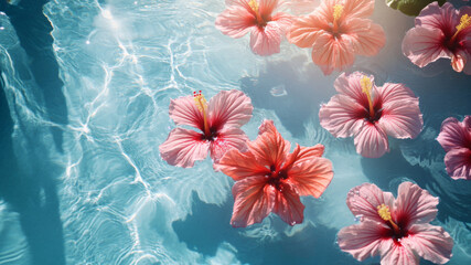 Hibiscus flowers floating on the water surface, with soft sunlight shining through