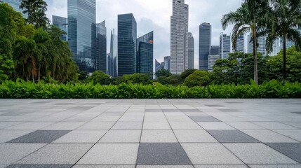 Urban Greenery and Modern Cityscape Gray Pavement and Lush Park