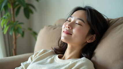 woman sofa relax asian home breath