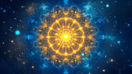 Fototapeta premium Celestial Mandala Golden and Blue Fractal Art Design