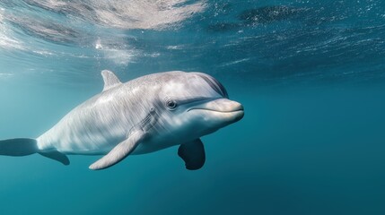 Fototapeta premium Rare Vaquita dolphin swimming gracefully in clear blue ocean waters