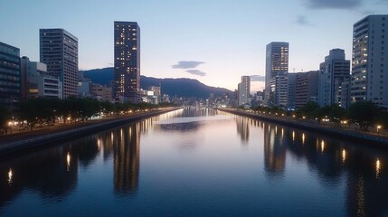 Fototapeta premium City Canal Sunrise Reflection, Urban Landscape