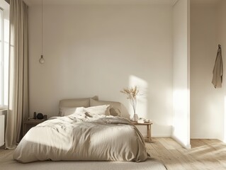Bedroom scene showing a bed with natural light and simple elements