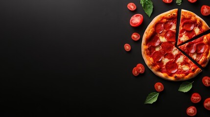A black background with a sliced ​​pizza
