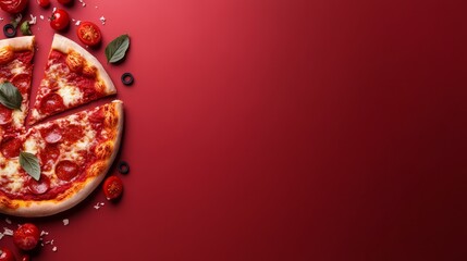 A red background with a sliced ​​pizza
