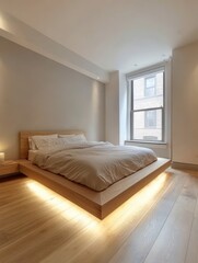 The bedroom features a modern bed platform and lighting