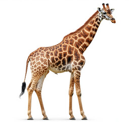Giraffe poses elegantly in a neutral studio setting