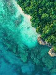 Tropical Paradise Island Aerial View with Turquoise Ocean Water and Lush Green Vegetation