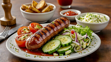 Delicious Boerewors Platter with Crispy Golden Wedges and Fresh Mixed Green Salad on Rustic Serving Board