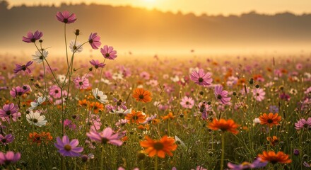 Obraz premium Floral tapestry: Sun-kissed cosmos and daisies in a meadow bathed in morning light