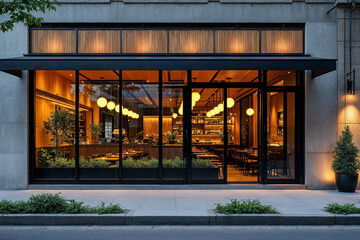 Stylish restaurant facade featuring modern design with inviting ambiance and cozy exterior elements in an urban setting