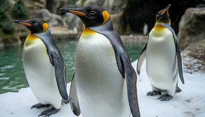 Fototapeta premium Penguins on Snow by Pool at Wildlife Enclosure