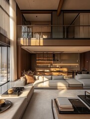 Luxury modern minimalist living room with a sectional sofa