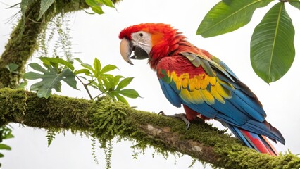 Fototapeta premium An intricate oil painting of a tropical parrot perched on a mossy branch, its feathers a riot of color