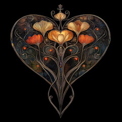 A stylized heart-shaped floral design with glowing golden flowers and intricate details.