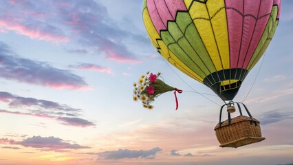Fototapeta premium A photorealistic acrylic painting of a whimsical hot air balloon floating against a pastel sunset