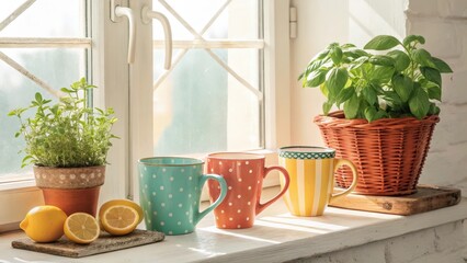 A charming acrylic of a cozy kitchen windowsill, adorned with a row of mismatched mugs in bright hues