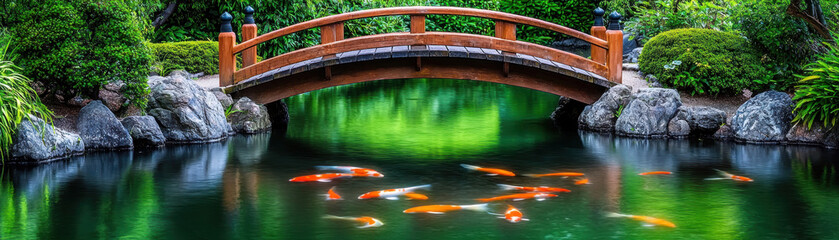 Inner Peace, Mental Health concept. Serene garden scene with a wooden bridge over a pond filled with colorful koi fish.