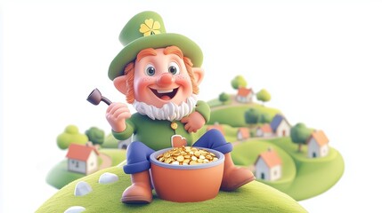 Naklejka premium Mischievous leprechaun enjoys a cheerful day by his pot of gold in a whimsical landscape