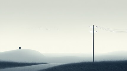 Misty rural landscape with utility pole