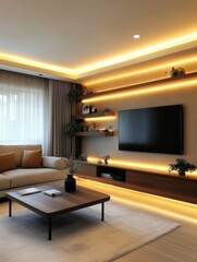 A modern living room featuring lighting and luxurious furniture placement