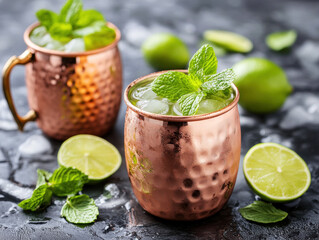Refreshing mint drinks served in copper mugs with lime
