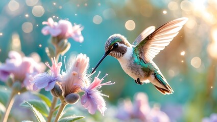 Naklejka premium Vibrant Hummingbird Hovering Near Delicate Purple Flower in Soft Natural Light