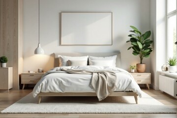 Large white king-sized bed with minimalist Scandinavian decor and neutral-colored furniture, natural wood furniture, monochromatic color scheme