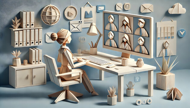 Origami-style professional office scene with a woman attending a virtual meeting, seated at a paper desk with a computer screen displaying four video call participants. The environment, including offi