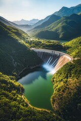 Fototapeta premium Aerial view of a serene dam surrounded by lush green mountains with a clear lake and flowing water, showcasing natures beauty and tranquility in outdoor adventure.