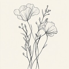 Naklejka premium Botanical arts. Hand drawn continuous line drawing of herbs, abstract flower, floral, ginkgo, rose, tulip, bouquet of olives. Vector illustration.