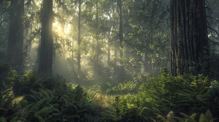 Obraz premium Lush Green Forest with Sunlight Filtering Through Trees and Vibrant Ferns in a Serene Natural Environment