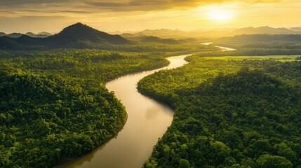 Fototapeta premium Aerial view of winding river through lush green landscape during sunset with mountains in background, nature exploration, outdoor adventure, scenic beauty.