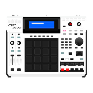 Vector illustration of a digital musical instrument. Equipment for creating hip-hop and rap beats and sampling music and genres. Tool with pads and switches. Easily change file size and colors. MPC