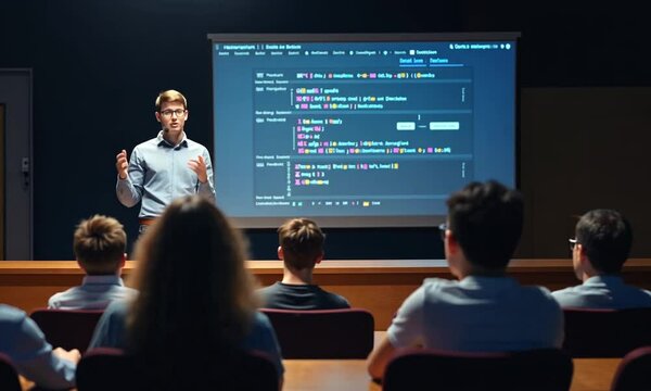 Young University Professor Explaining Web Development Project in Dark Auditorium