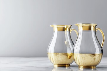 Elegant Gold-Rimmed Glass Water Pitchers on a Marble Surface, Perfect for Formal Dining or Special Occasions