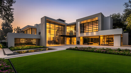 Fototapeta premium Modern Luxury Villa at Dusk Architectural Design & Landscaping