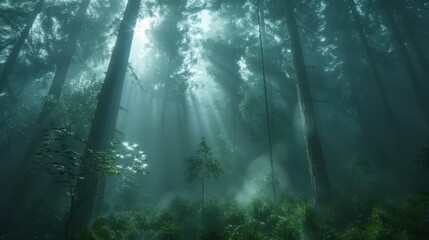 Obraz premium Ethereal Forest Scene with Soft Light Filtering Through Tall Trees and Lush Greenery in a Mystical Environment