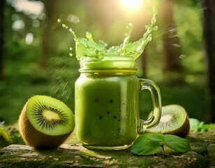 Fotografía profesional, un frasco de smoothie de kiwi salpicando del frasco, y trozos de kiwi alrededor, 4k