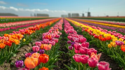 Vibrant Tulip Field Under Blue Sky with Windmill and Colorful Blooms in a Scenic Landscape Setting